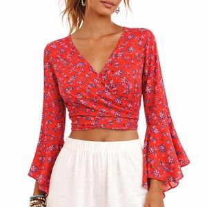 Organic Viscose Red Boho Floral Bell Sleeve Wrap Top, Adjustable Festival Blouse